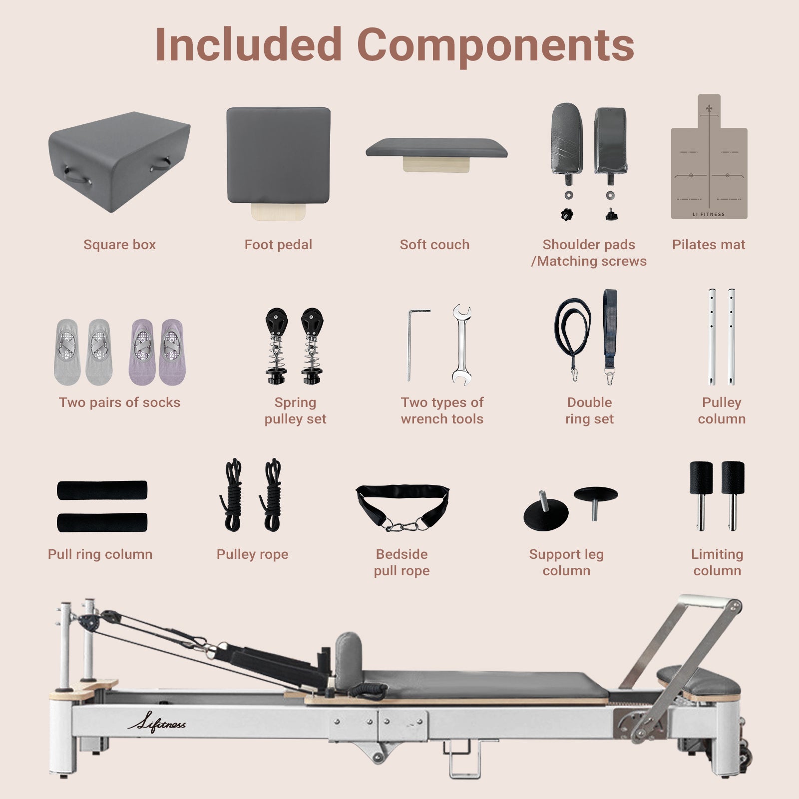 Li Fitness Pilates Reformer Set, Commercial Grade Foldable Pilates Machine with Jumpboard, Reformer Box, Pilates Mat & Socks for Home Workout, Gym Exercise Up to 280 KGs Capacity