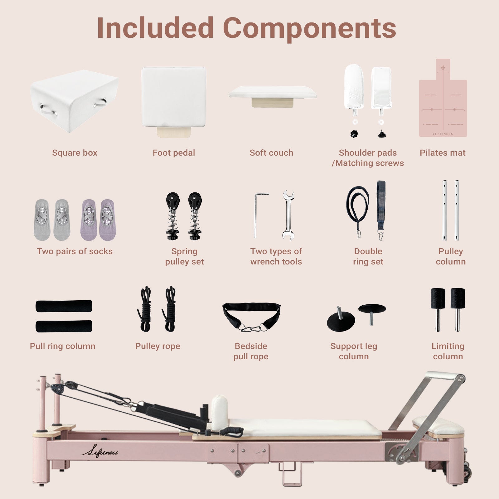 Li Fitness Pilates Reformer Set, Commercial Grade Foldable Pilates Machine with Jumpboard, Reformer Box, Pilates Mat & Socks for Home Workout, Gym Exercise Up to 280 KGs Capacity