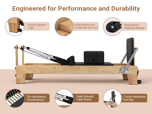 Lifitness Pilates Reformer,Rubberwood Pilates Reformer Bed for Home Workouts,Strengenth Training Machine with Jump Board,Pilaes Box
