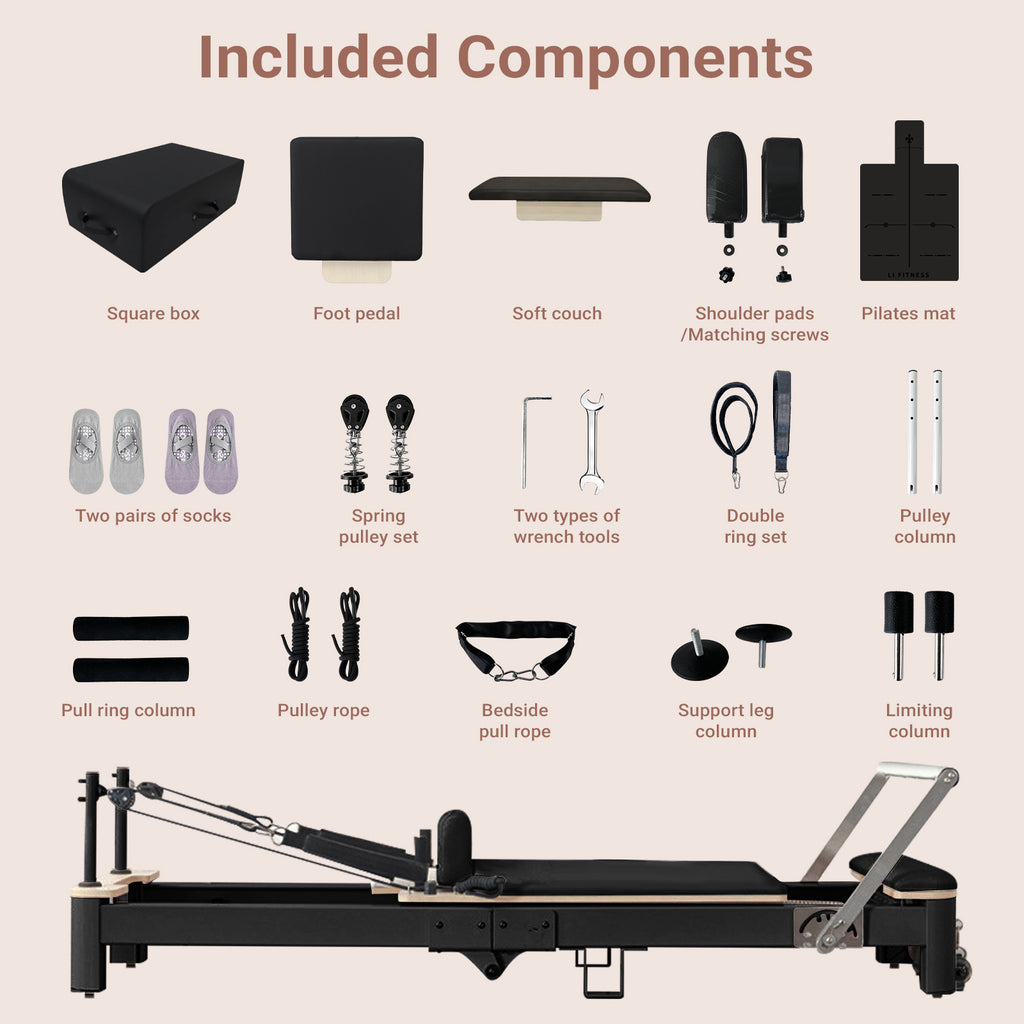 Li Fitness Pilates Reformer Set, Commercial Grade Foldable Pilates Machine with Jumpboard, Reformer Box, Pilates Mat & Socks for Home Workout, Gym Exercise Up to 280 KGs Capacity