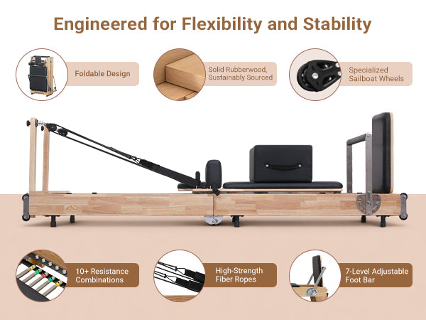 Lifitness Pilates Reformer Machine, Rubberwood Foldable 5-Spring with Jump Board & Pilates Box, 240 kg Capacity for Home Gym