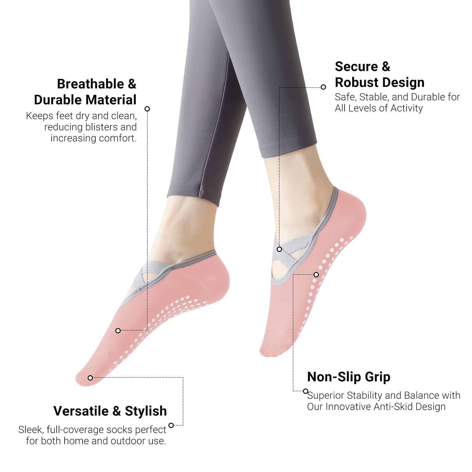 Pilates Socks for Women Non-Slip Grips & Straps, Yoga Socks Sticky Anti Skid for Barre Ballet Barefoot Workout