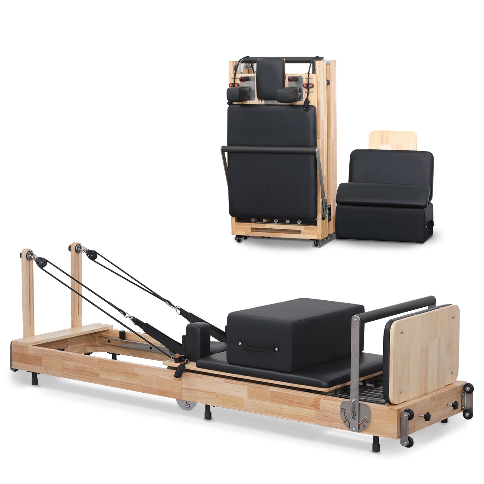 Lifitness Pilates Reformer Machine, Rubberwood Foldable 5-Spring with Jump Board & Pilates Box, 240 kg Capacity for Home Gym