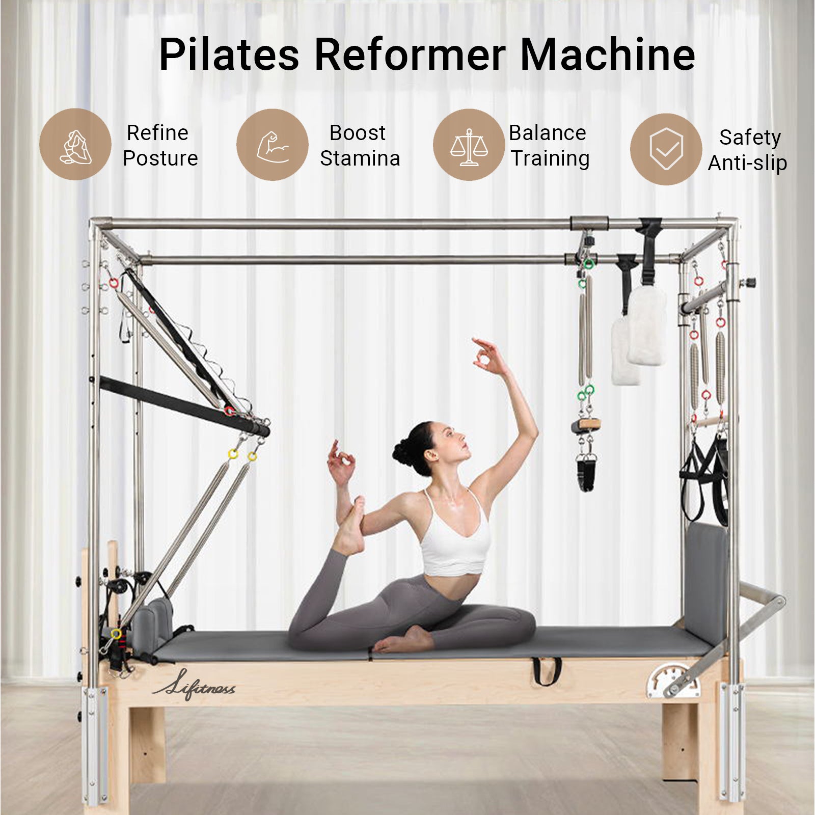 Pilates Reformer Machine,Pilates Reformer with Cadillac Tower, Pilates Reformer Equipment with Reformer Accessories,Reformer Box, Jump Board,Reformer Pilates Machine for Home Workouts Maple Wood