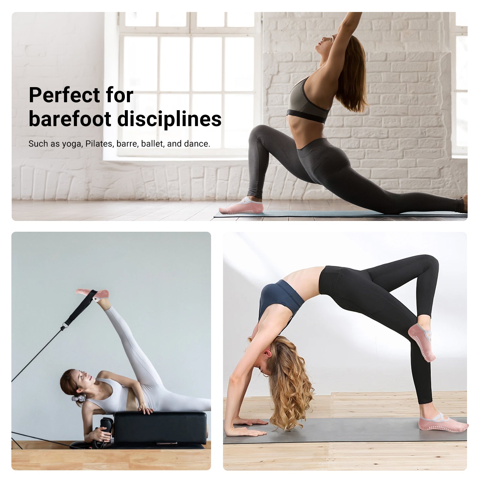 Pilates Socks for Women Non-Slip Grips & Straps, Yoga Socks Sticky Anti Skid for Barre Ballet Barefoot Workout