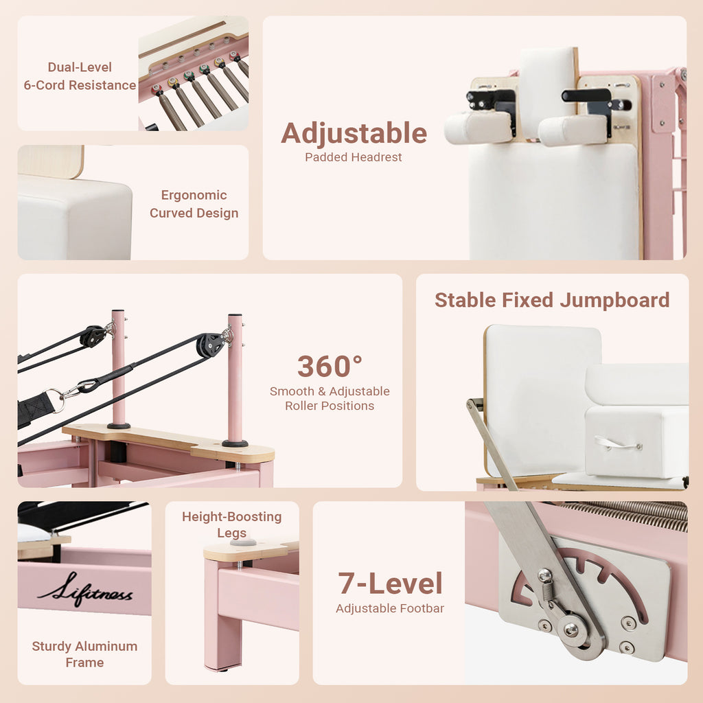 Li Fitness Pilates Reformer Set, Commercial Grade Foldable Pilates Machine with Jumpboard, Reformer Box, Pilates Mat & Socks for Home Workout, Gym Exercise Up to 280 KGs Capacity