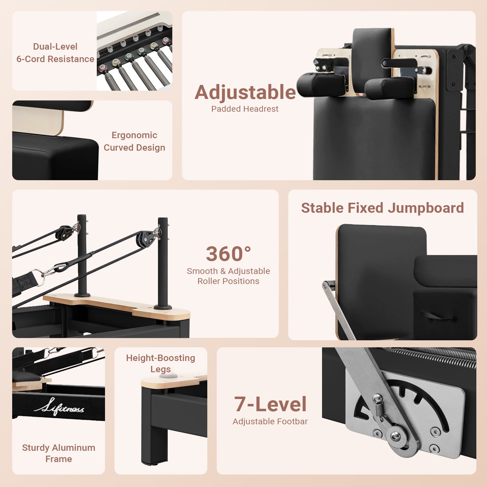 Li Fitness Pilates Reformer Set, Commercial Grade Foldable Pilates Machine with Jumpboard, Reformer Box, Pilates Mat & Socks for Home Workout, Gym Exercise Up to 280 KGs Capacity