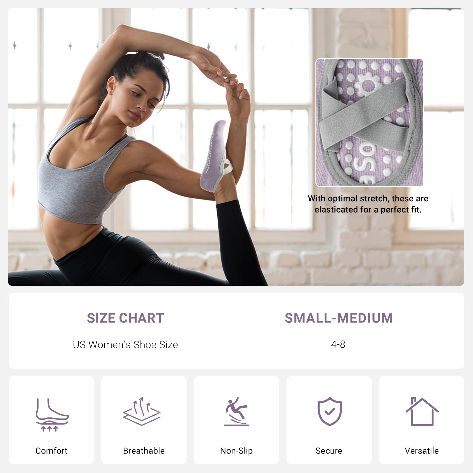 Pilates Socks for Women Non-Slip Grips & Straps, Yoga Socks Sticky Anti Skid for Barre Ballet Barefoot Workout