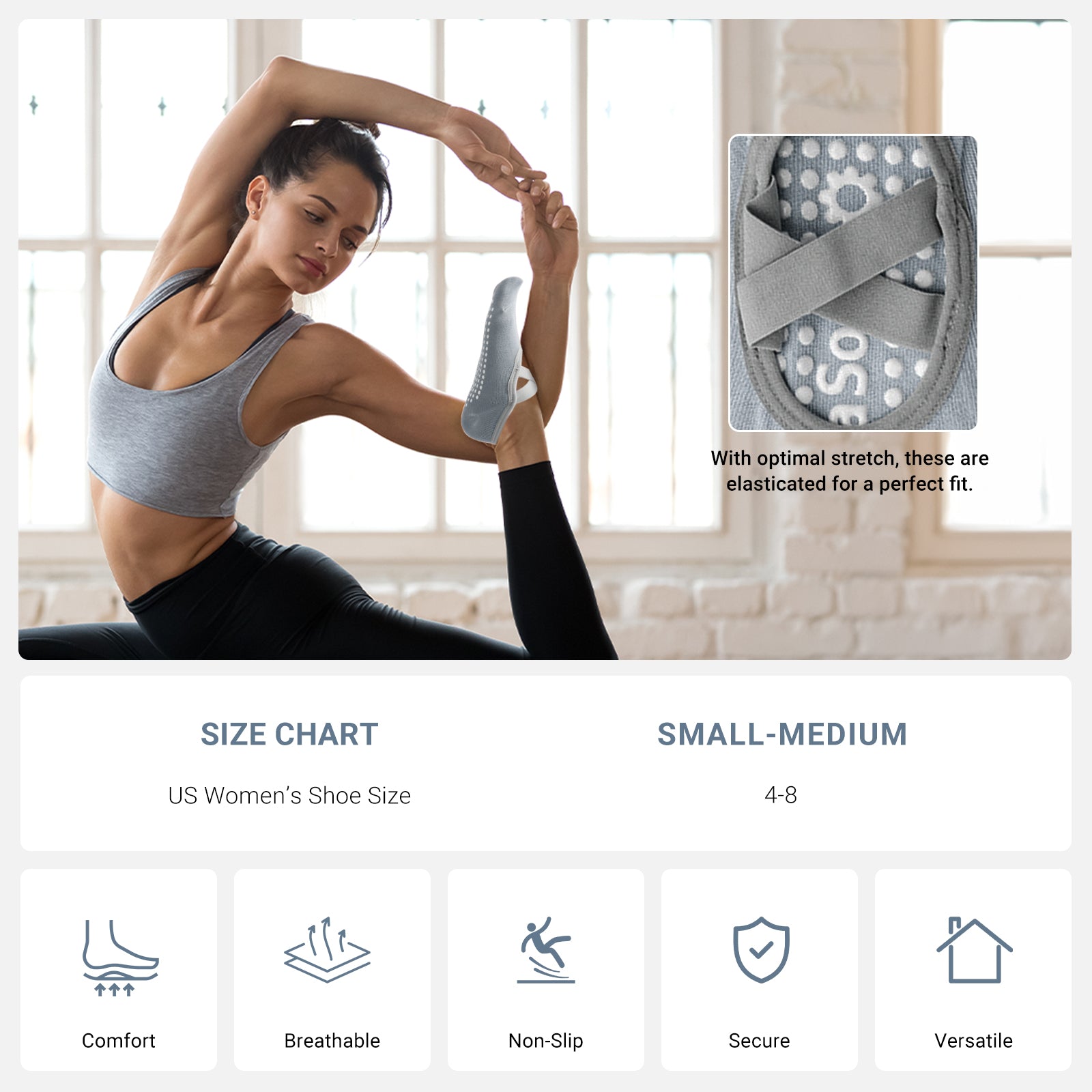 Pilates Socks for Women Non-Slip Grips & Straps, Yoga Socks Sticky Anti Skid for Barre Ballet Barefoot Workout