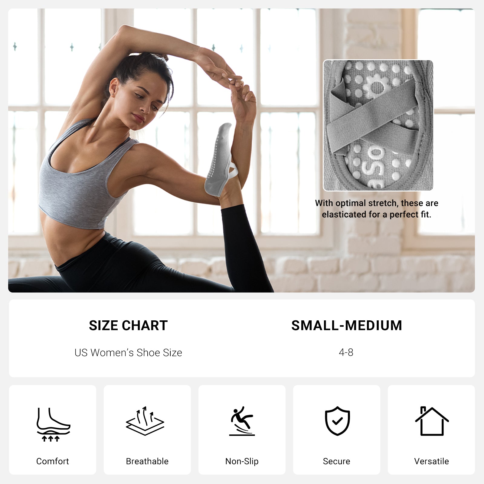 Pilates Socks for Women Non-Slip Grips & Straps, Yoga Socks Sticky Anti Skid for Barre Ballet Barefoot Workout