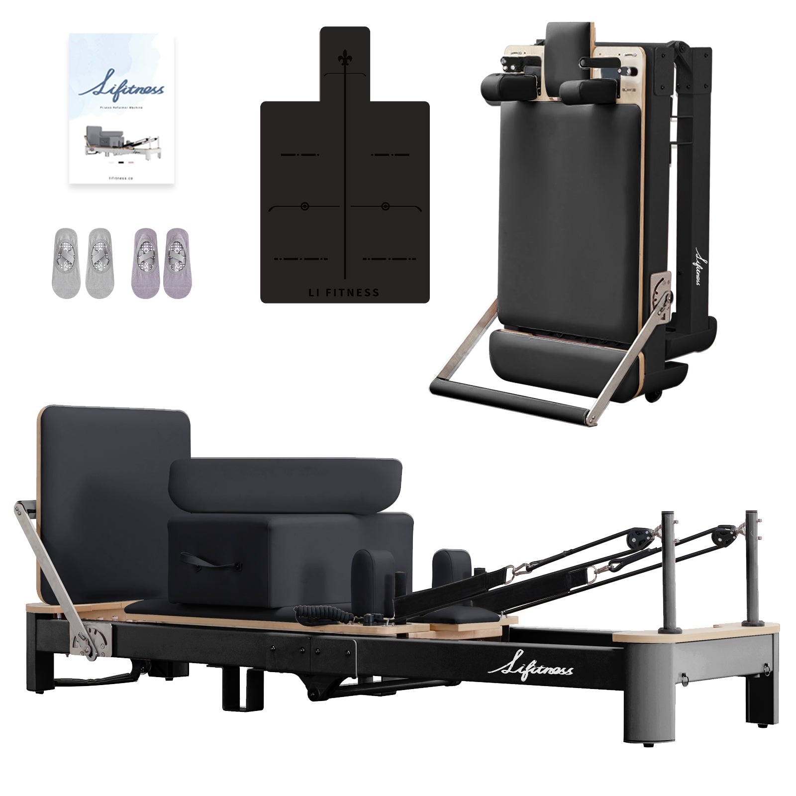 Li Fitness Pilates Reformer Set, Commercial Grade Foldable Pilates Machine with Jumpboard, Reformer Box, Pilates Mat & Socks for Home Workout, Gym Exercise Up to 280 KGs Capacity