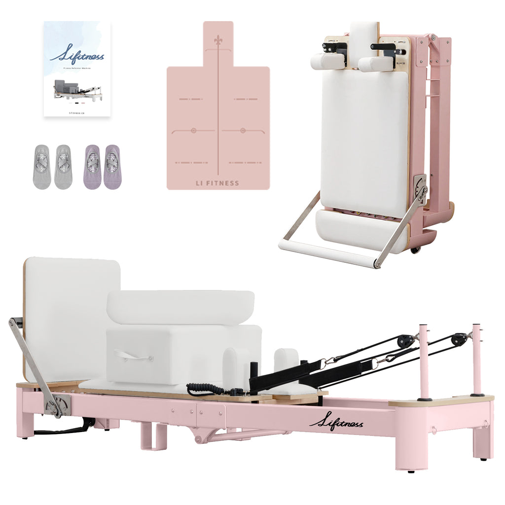 Li Fitness Pilates Reformer Set, Commercial Grade Foldable Pilates Machine with Jumpboard, Reformer Box, Pilates Mat & Socks for Home Workout, Gym Exercise Up to 280 KGs Capacity