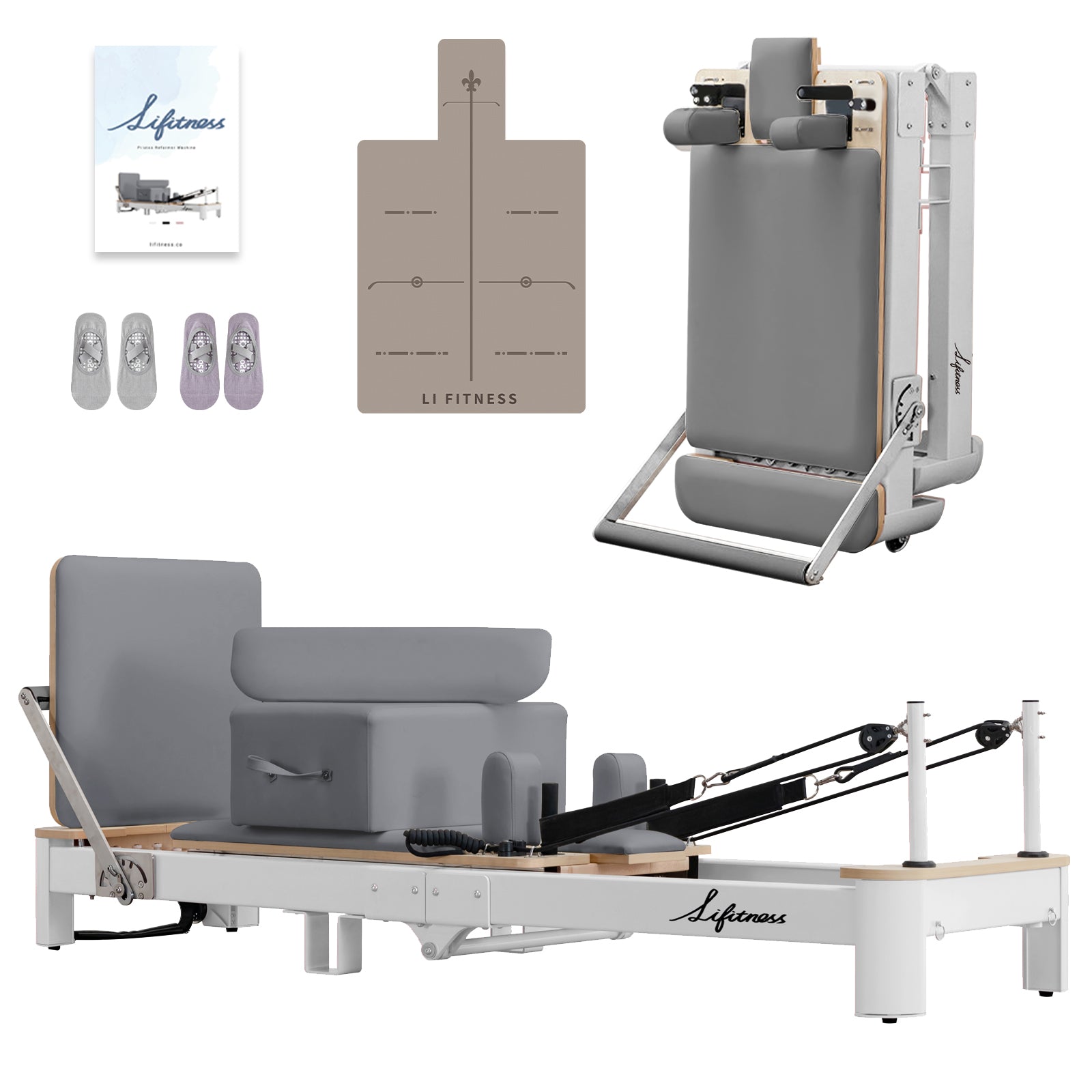 Li Fitness Pilates Reformer Set, Commercial Grade Foldable Pilates Machine with Jumpboard, Reformer Box, Pilates Mat & Socks for Home Workout, Gym Exercise Up to 280 KGs Capacity